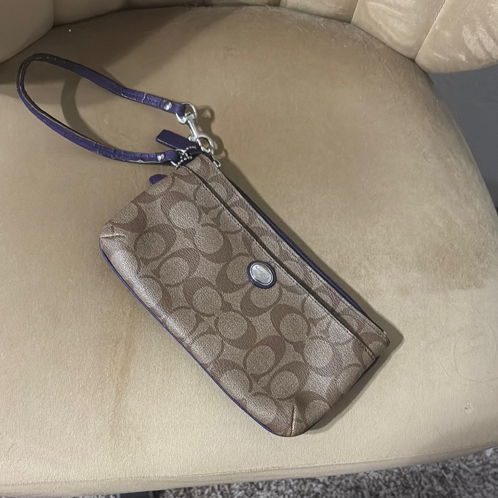 Coach Signature Brown and Purple Wristlet Clutch